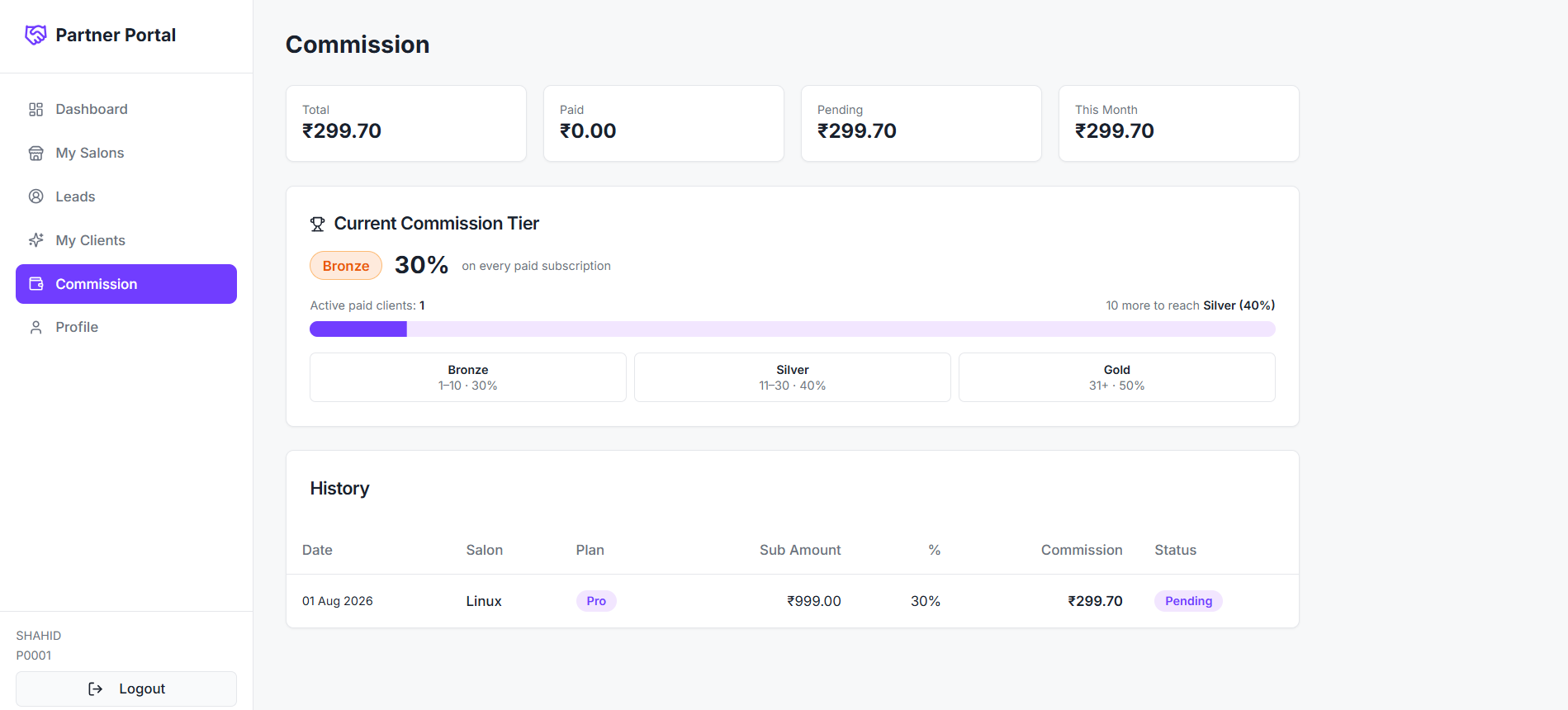 Partner commission page showing tier progress, commission history and pending status